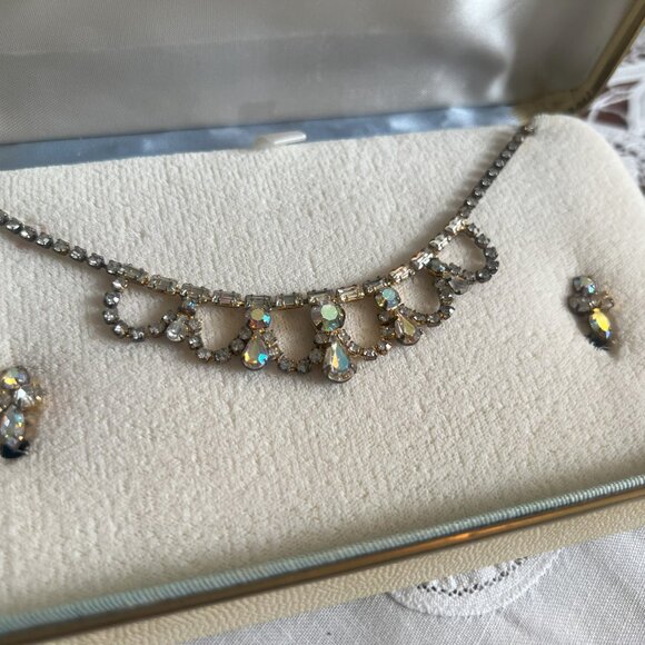 Vintage Necklace & Earrings Set Aurora Borealis Jay Kel Sterling Silver Wedding - Picture 2 of 14